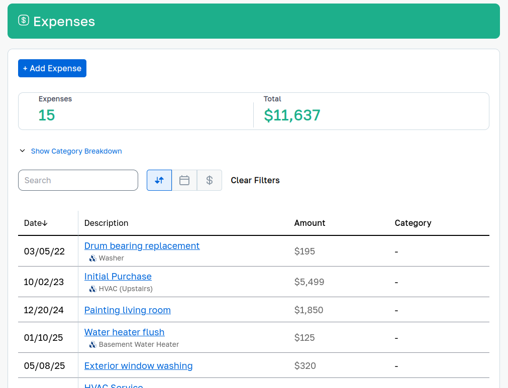 Expense tracking view showing categorized home expenses