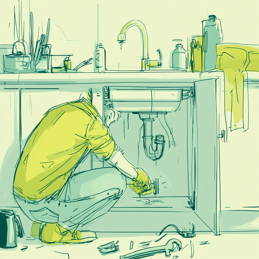 Illustration of a homeowner repairing a kitchen sink